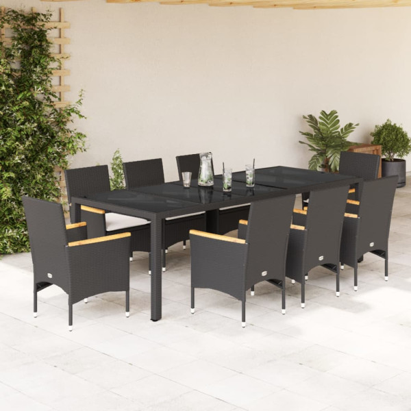 Set comedor jardín 9 pzas cojines ratán sintético vidrio negro D