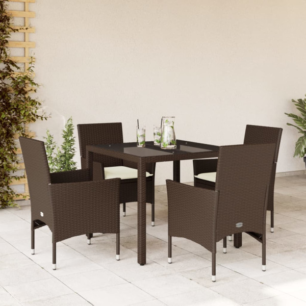 Set comedor jardín 5 pzas cojines ratán sintético vidrio marrón D