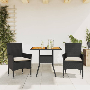 Set de comedor jardín 3 pzas con cojines ratán PE acacia negro D