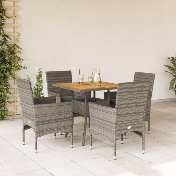 Set de comedor jardín 5 pzas con cojines ratán PE acacia gris D