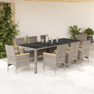 Set comedor jardín 9 pzas y cojines ratán sintético vidrio gris D