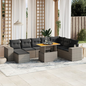 Set de muebles de jardín 9 pzas y cojines ratán sintético gris D