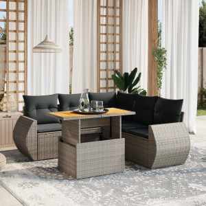 Set de muebles de jardín 6 pzas y cojines ratán sintético gris D