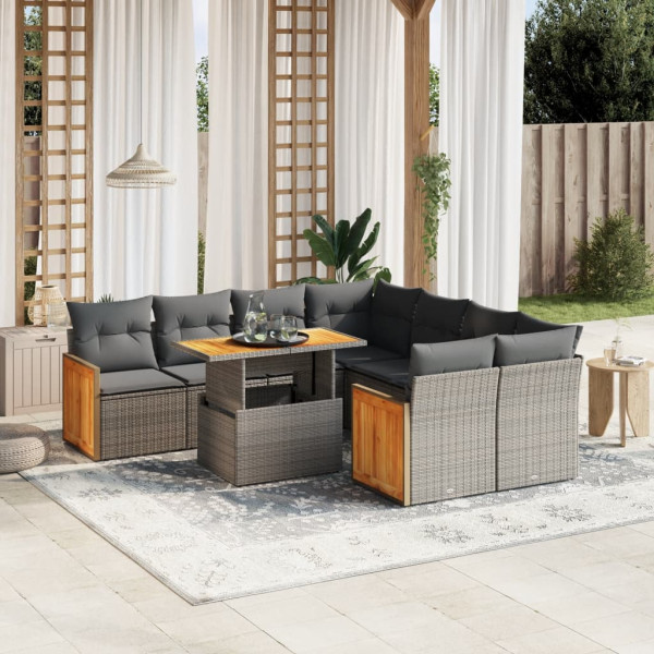 Set de muebles de jardín 9 pzas y cojines ratán sintético gris D