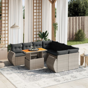 Set de muebles de jardín 9 pzas y cojines ratán sintético gris D