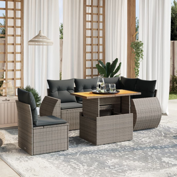 Set de muebles de jardín 6 pzas y cojines ratán sintético gris D