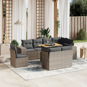 Set de muebles de jardín 9 pzas y cojines ratán sintético gris D