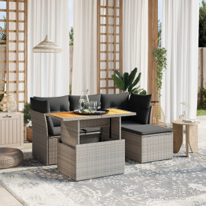 Set de muebles de jardín 6 pzas y cojines ratán sintético gris D