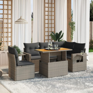 Set de muebles de jardín 6 pzas y cojines ratán sintético gris D