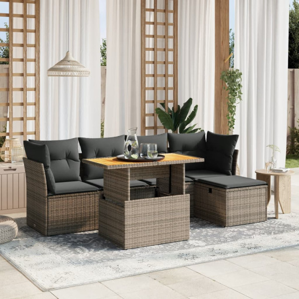 Set de muebles de jardín 6 pzas y cojines ratán sintético gris D