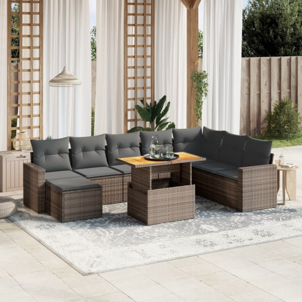 Set de muebles de jardín 9 pzas y cojines ratán sintético gris D