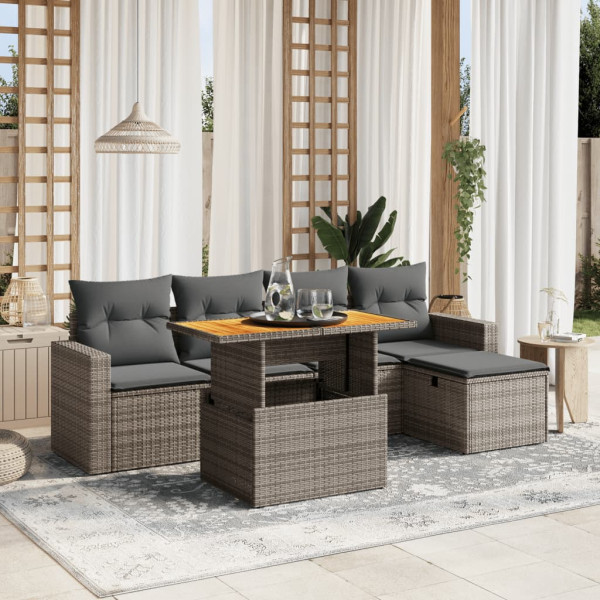 Set de muebles de jardín 6 pzas y cojines ratán sintético gris D