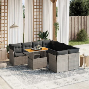 Set de muebles de jardín 9 pzas y cojines ratán sintético gris D