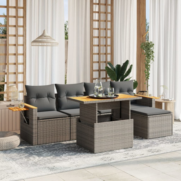 Set de muebles de jardín 6 pzas y cojines ratán sintético gris D