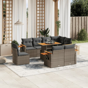 Set de muebles de jardín 9 pzas y cojines ratán sintético gris D