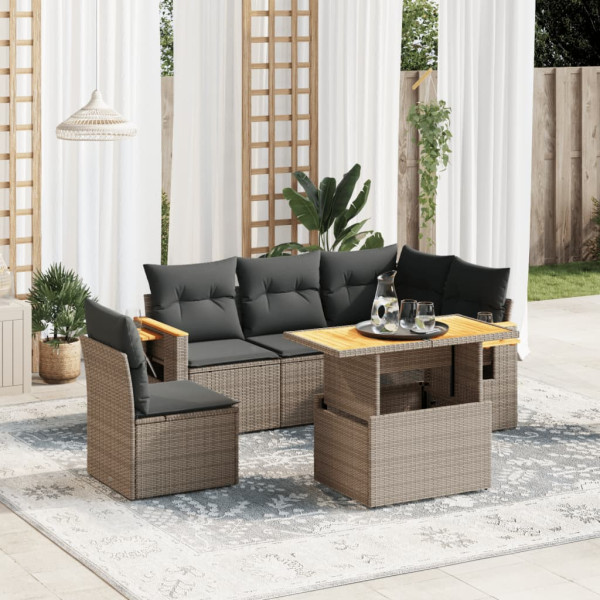 Set de muebles de jardín 6 pzas y cojines ratán sintético gris D