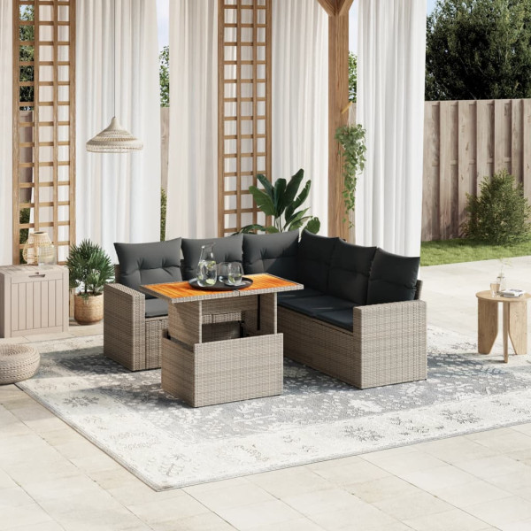 Set de muebles de jardín 6 pzas y cojines ratán sintético gris D