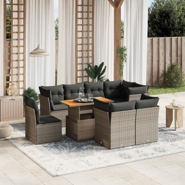 Set de muebles de jardín 9 pzas y cojines ratán sintético gris D