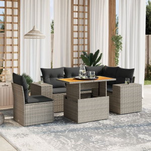 Set de muebles de jardín 6 pzas y cojines ratán sintético gris D