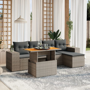 Set de muebles de jardín 6 pzas y cojines ratán sintético gris D