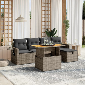 Set de muebles de jardín 6 pzas y cojines ratán sintético gris D