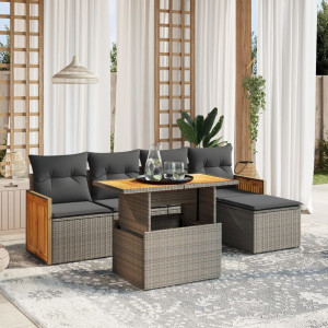 Set de muebles de jardín 6 pzas y cojines ratán sintético gris D