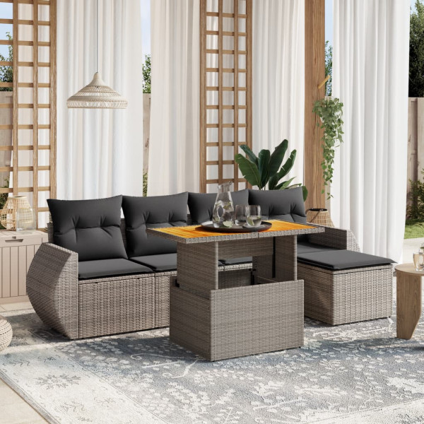 Set de muebles de jardín 6 pzas y cojines ratán sintético gris D