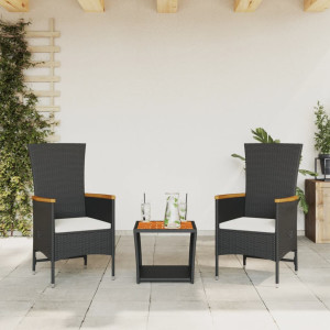 Set comedor de jardín 3 pzas con cojines ratán sintético negro D