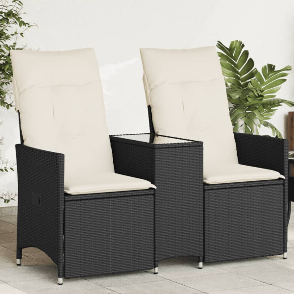 Sofá de jardín reclinable de 2 plazas con mesa ratán PE negro Sofá de jardín reclinable de 2 plazas con mesa ratán PE negro D