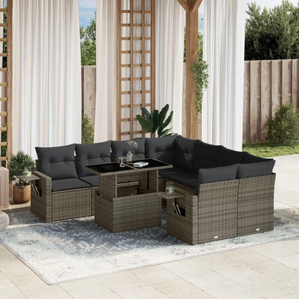 Set de muebles de jardín 9 pzas y cojines ratán sintético gris D