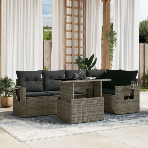 Set de muebles de jardín 6 pzas y cojines ratán sintético gris D