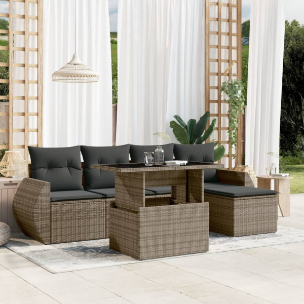 Set de muebles de jardín 6 pzas y cojines ratán sintético gris D