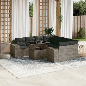 Set de muebles de jardín 9 pzas y cojines ratán sintético gris D