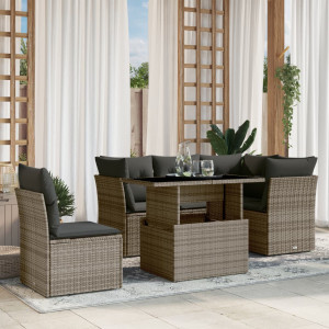 Set de muebles de jardín 6 pzas y cojines ratán sintético gris D