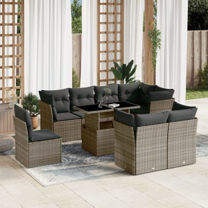 Set de muebles de jardín 9 pzas y cojines ratán sintético gris D