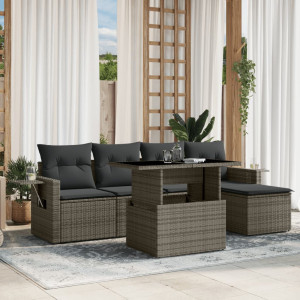 Set de muebles de jardín 6 pzas y cojines ratán sintético gris D