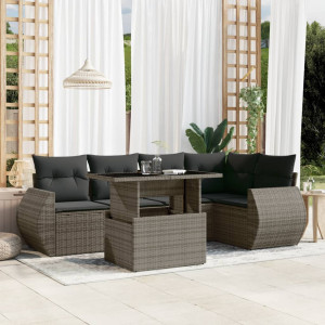 Set de muebles de jardín 6 pzas y cojines ratán sintético gris D