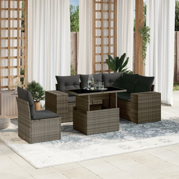 Set de muebles de jardín 6 pzas y cojines ratán sintético gris D