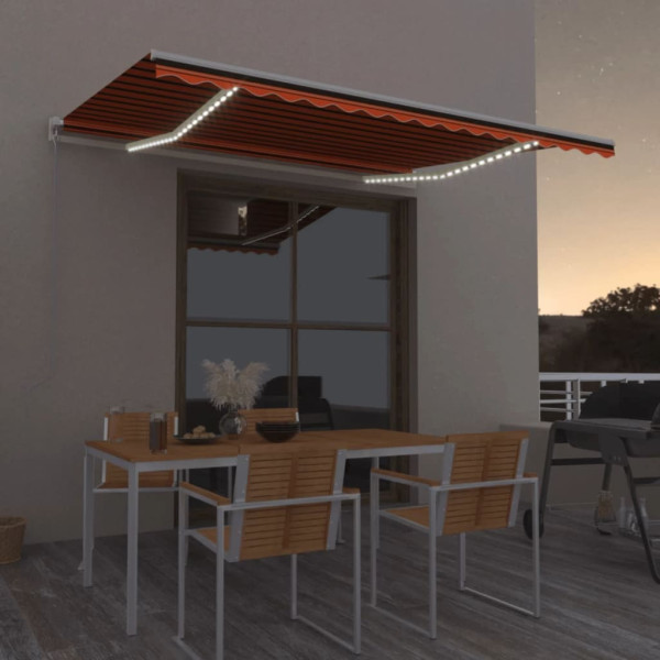 Toldo retráctil manual con LED naranja y marrón 450x300 cm Toldo retráctil manual con LED naranja y marrón 450x300 cm D