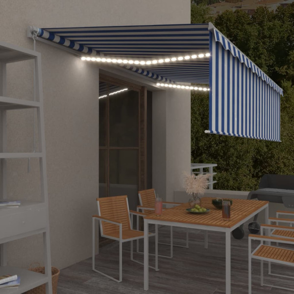 Toldo retrátil manual com persiana e LED azul e branco 5x3 m D