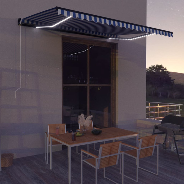 Toldo retráctil manual con luz LED azul y blanco 500x300 cm D