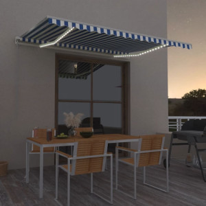 Toldo retráctil manual con LED azul y blanco 450x350 cm D