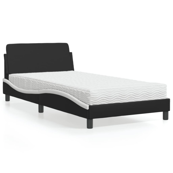 Cama com colchão de couro sintético preto e branco 100x200 cm D