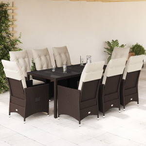 Set comedor para jardín 9 pzas y cojines ratán sintético marrón D