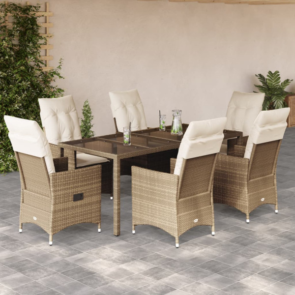 Set Jardim de jantar 7 pessoas com almofadas ratão sintético beige D