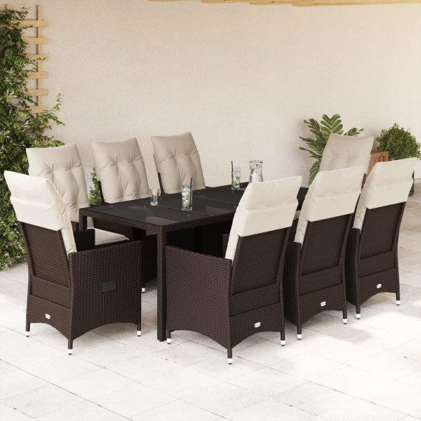 Set comedor para jardín 9 pzas y cojines ratán sintético marrón D