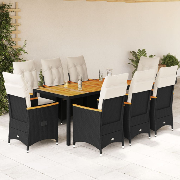 Set de comedor de jardín 9 pzas y cojines ratán sintético negro D