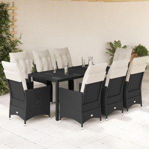 Set de comedor de jardín 9 pzas y cojines ratán sintético negro D