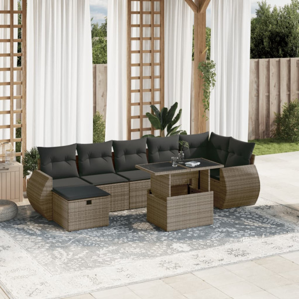 Conjunto de sofá e almofada de jardim 8 peças de rattan sintético cinza D