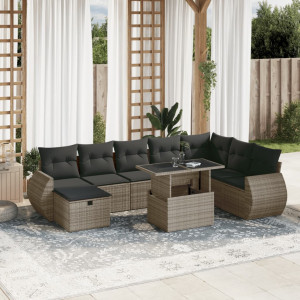 Set de muebles de jardín 9 pzas y cojines ratán sintético gris D